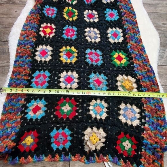 Handmade Black and Floral Afghan Lap Blanket, Approximately 30" x 42" - Picture 3 of 5